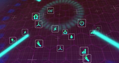 Cyan beams guiding energy, sustainability and analytics icons around futuristic data ring