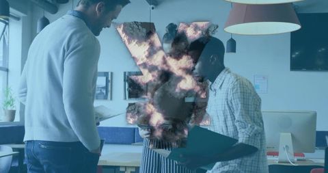 Team reviewing documents in modern office with blue folder and abstract x overlay