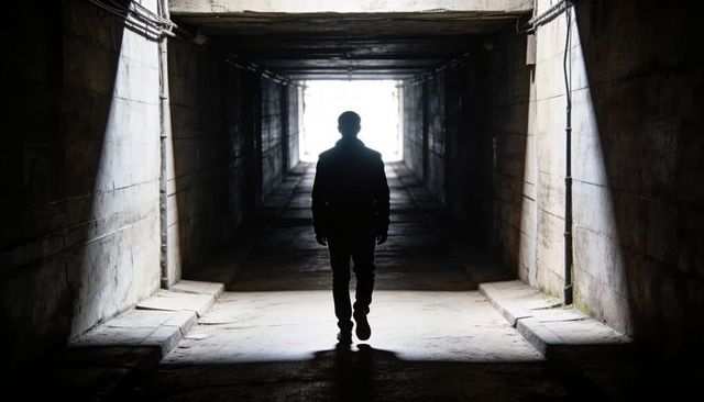 Silhouette Walking Toward Bright Exit in Dark Concrete Tunnel Underpass Urban Mood