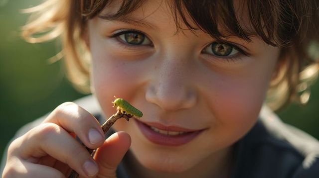 Curious young boy examining bright green caterpillar on twig, smiling in sunlit park