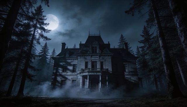 Moonlit gothic victorian mansion looming in foggy pine forest featuring mansard roof