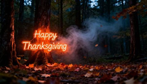 Glowing Neon 'Happy Thanksgiving' Sign Lighting Autumn Forest Floor at Dusk