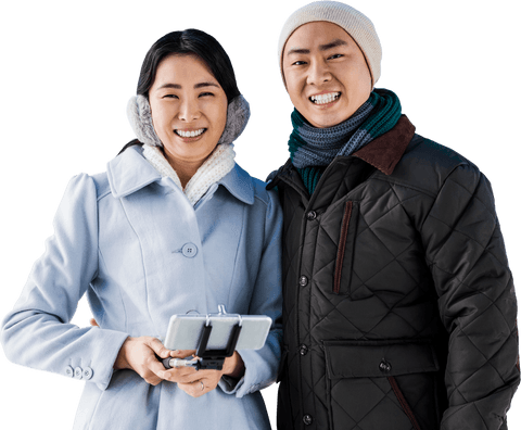 Cheerful Couple Taking Winter Selfie Isolated on Transparent Background