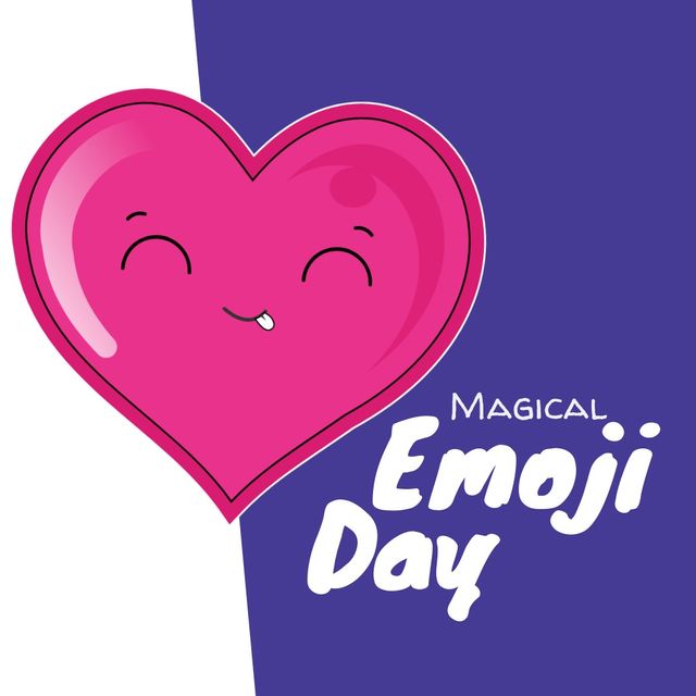 Illustration of pink smiling heart shape emoticon with magical emoji day text, copy space. vector, celebration, emotion, small digital icon, expression.