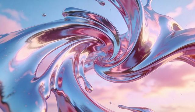 Glossy liquid vortex twisting in pastel sky, metallic spiral droplets and light glints