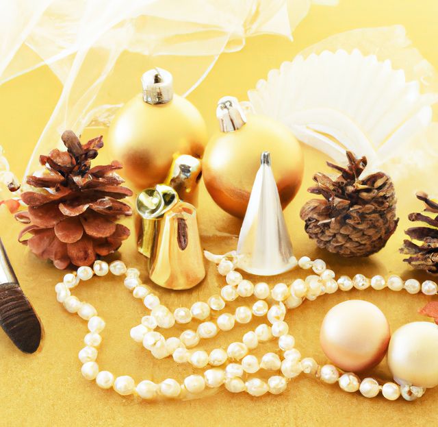 Close up of christmas decorations with baubles and coins on yellow background. Christmas, tradition and celebration concept.