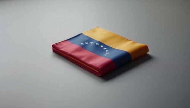 Folded venezuelan flag on neutral gray surface with soft shadow, minimal composition