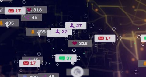 Floating Digital Icons Displaying Data and Notifications