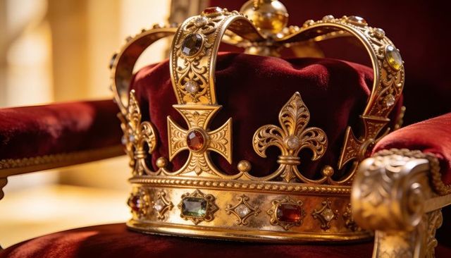 Gilded crown resting on velvet throne cushion with gemstone filigree