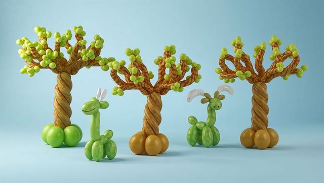 Whimsical twisted-trunk balloon trees with playful green balloon animals on blue backdrop