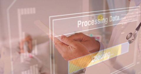 Clinician tapping tablet at bedside with processing data loading digital health interface