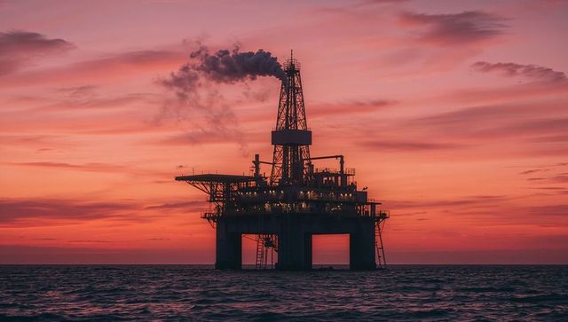 Offshore oil platform at sunset with towering drill
