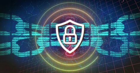 Futuristic digital security with shield and lock icon