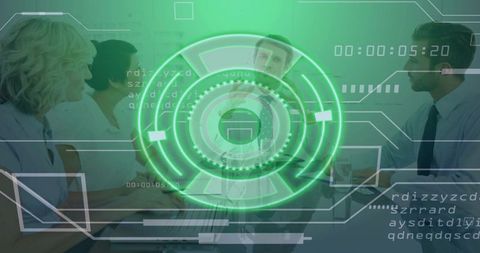 Corporate Team Collaborating with Augmented Reality HUD Overlay over Laptop for Strategy
