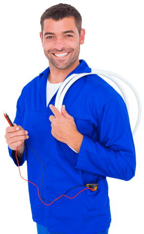 smiling electrician holding cable and multimeter transparent background - Download Free Stock Videos Pikwizard.com
