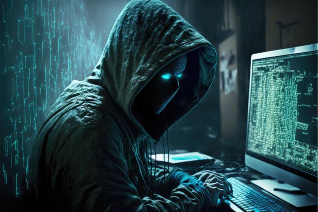 Hacker wearing hoodie sitting in dark room using computer surrounded by digital code. Perfect for articles on cybersecurity, hacking, cybercrime, digital threats, or technology blog posts.