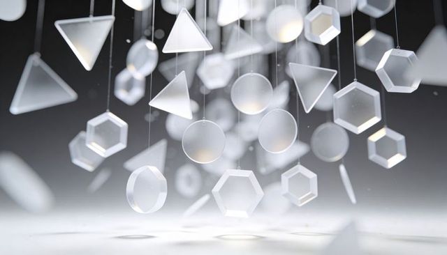 Minimalist geometric mobile with translucent triangles circles hexagons in studio light