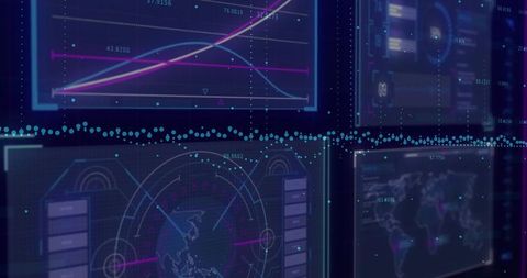Holographic analytics dashboard showing neon multiscreen ui with line charts, radar, world map