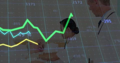 Healthcare Professional Listening with Financial Stats Overlay