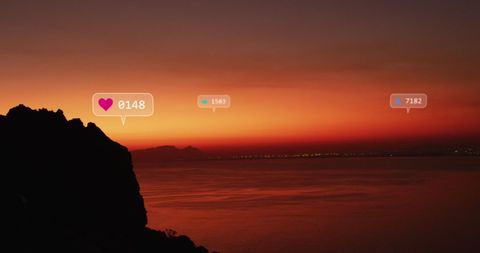 Social Media Icons Over Tranquil Sunset Seaography