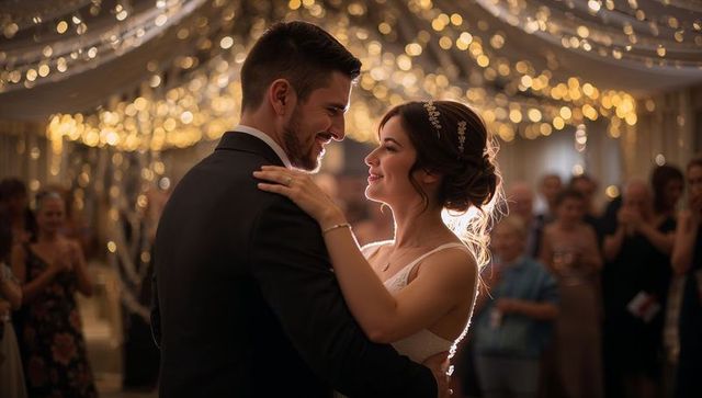 Newlyweds dancing romantic first dance under twinkling string lights in elegant reception