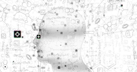 Spinning human head with chemical formulas illustration
