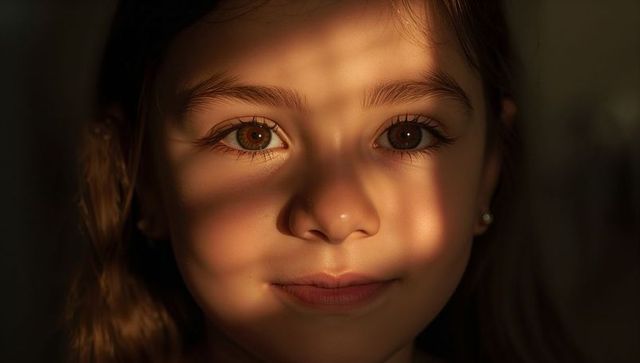 Preteen girl gazing through blinds catching warm golden window light closeup portrait
