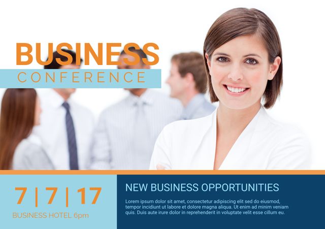 Confident woman highlighted in business conference advertisement, with team members blurred in background. Promoting approachable corporate networking events and new business opportunities. Ideal for use in advertisements for business conferences, professional meetups, and corporate events, emphasizing growth and connection.