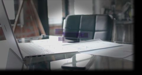 Minimalist Industrial Workspace featuring Open Laptop, Plans and Phone Reflection