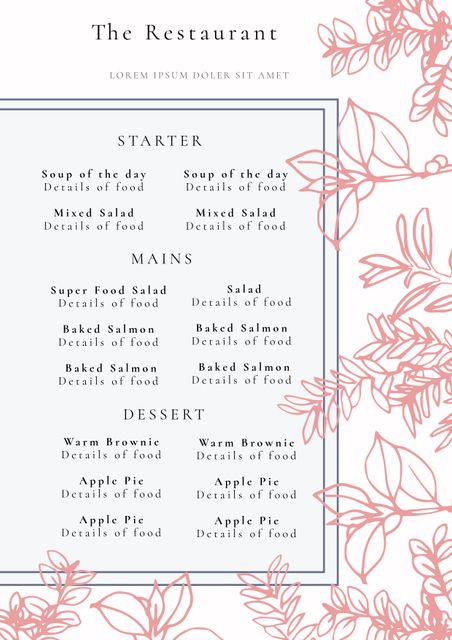 This elegant floral menu template is perfect for upscale dining events, such as weddings, anniversaries, and fine dining restaurants. It features a sophisticated design with botanical elements and a well-organized layout, making it ideal for showcasing gourmet dishes and special culinary offerings.