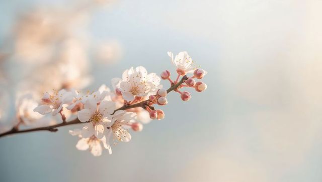 Delicate cherry blossom branch with pale pink flowers and buds in soft pastel light