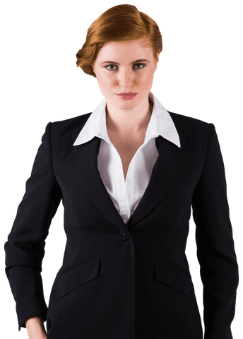 Confident Redhead Businesswoman in Black Suit Transparent Background