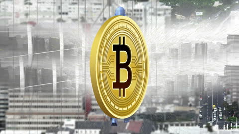 Digital Bitcoin Over Cityscape with Kaleidoscopic Elements