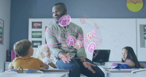 Teacher presenting augmented reality globe while engaging classroom in digital learning