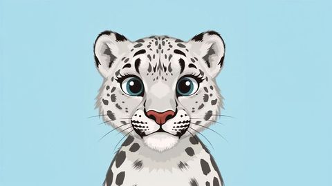 Charming snow leopard with striking blue eyes on pastel background