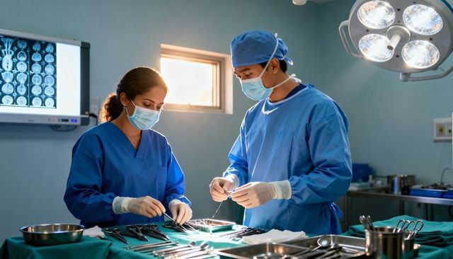 Neurosurgeons preparing surgical instruments in operating room with brain scans