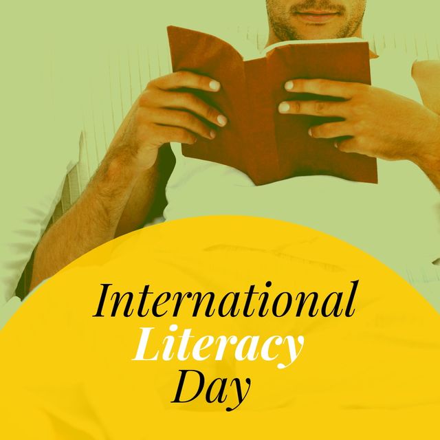 This image shows a close-up of a caucasian man engrossed in reading a book. The overlayed text prominently declares International Literacy Day, emphasizing the importance of literacy around the world. This would be ideal for use in campaigns promoting literacy, educational programs, social media posts celebrating International Literacy Day, or advertisements encouraging reading and book-related activities.