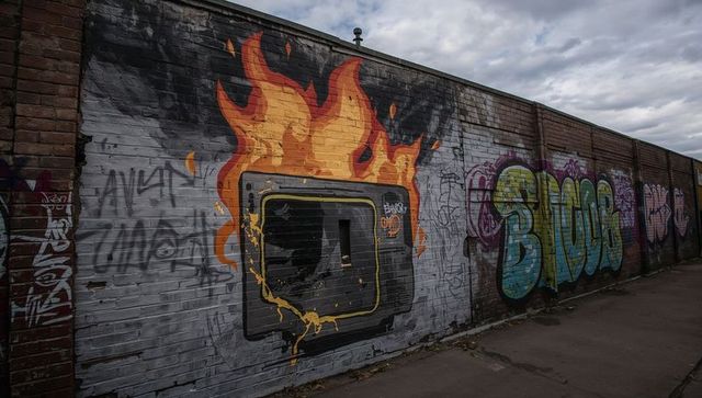 Creative Mural of Flaming Cassette on Brick Barrier in Urban Alley