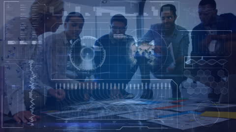 Business Team Analyzing Digital Data in Futuristic Environment