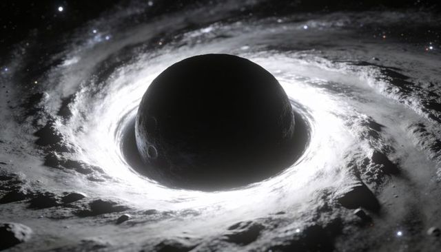 Shadowed orb drawing luminous accretion ring over cratered lunar terrain in deep space