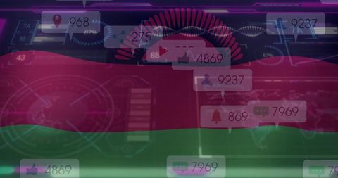 Displaying futuristic red-green flag hud with notification counters and neon overlay