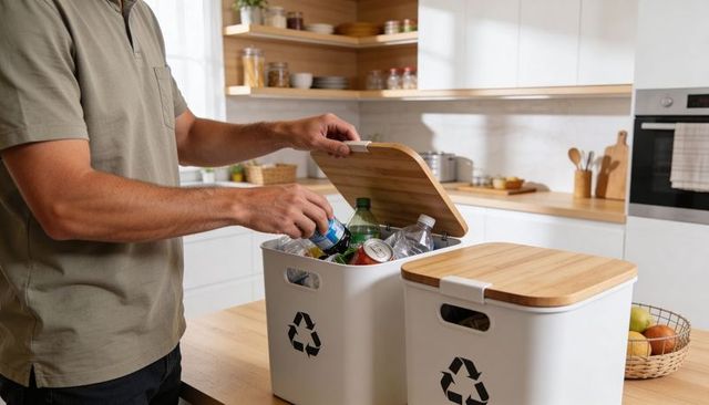 Man sorting recyclable cans and bottles into modern kitchen recycling bins with wood lids