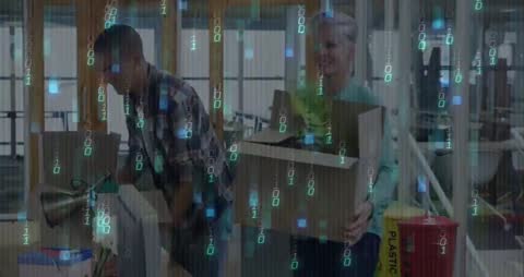 Colleagues Arranging Workspace with Digital Overlay Representing Data