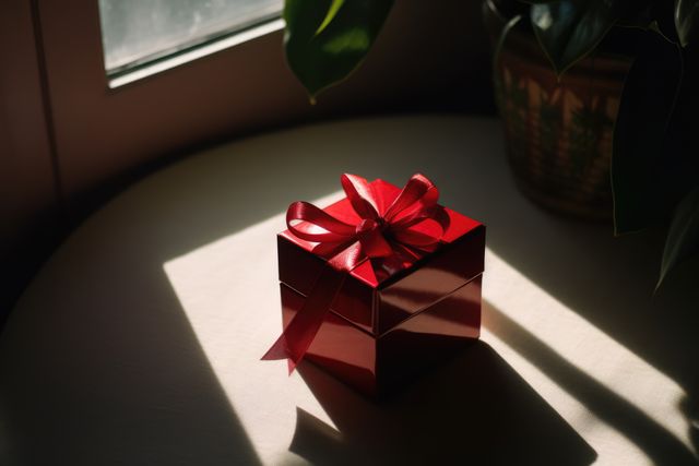 Close up of red gift with ribbon on windowsill, created using generative ai technology. Gift, present, giving and celebration concept digitally generated image.