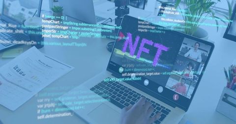 Business professional reviewing nft dashboard during remote meeting on laptop in workspace