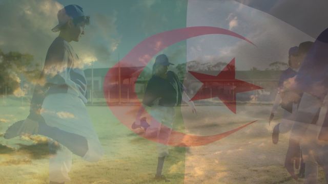 Image of young athletes stretching in a baseball field with the Algerian flag overlay, merging sports with cultural elements. Ideal for use in athletic program advertisements, sports events promotions, or inspirational content highlighting the fusion of sport and culture.