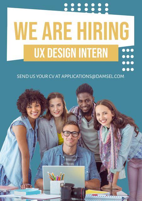 This poster features a diverse team of colleagues smiling at the camera. The text 'We Are Hiring UX Design Intern' is prominently displayed, making it perfect for use by companies and organizations looking to advertise an internship or job opening in UX design. Ideal for job boards, career fairs, social media recruitment campaigns, and company websites to attract potential candidates.