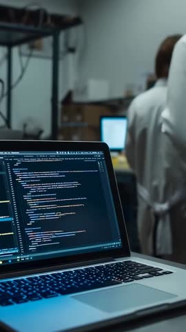 Vertical video: Laptop displaying code in research lab while lab technician reviews data