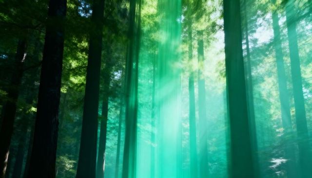 Sunbeams filtering through misty redwood canopy creating ethereal vertical forest light