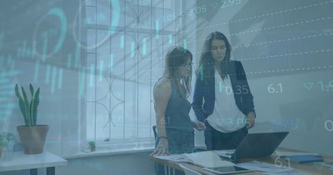 two business women collaborating in a modern office while digital statistics and data graphics blend into the scene. perfect for illustrating concepts of financial analysis, teamwork in a digital economy, or contemporary business environments. could be used in articles about financial strategies, technology integration in businesses, or team-based project development.